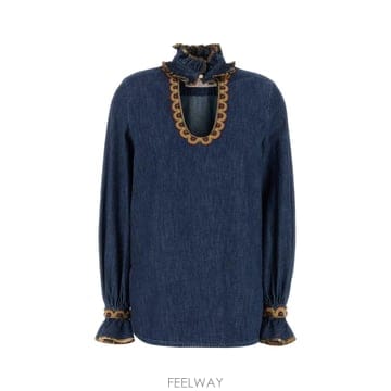 25SS 발렌티노 발렌티노 가라바니 샴브레이 데님 자수 탑 6B0DB03E7MR558 TP570419615