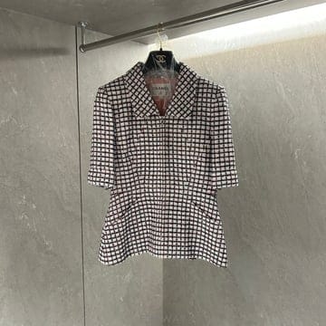 샤넬 체크 반소매 집업 트위드 자켓
