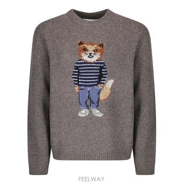 25FW 메종 키츠네 Grey 크루넥 스웨터 with 로고 자수 on the 프론트 in 울 블렌드 Man 