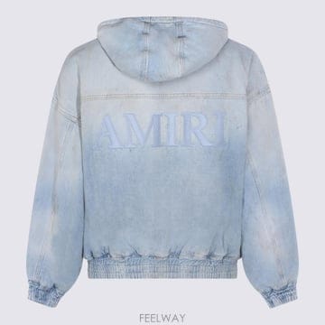 26SS 아미리 라이트 블루 자켓 with Fixed 후드 앤 로고 자수 on 프론트 앤 Back in 데님