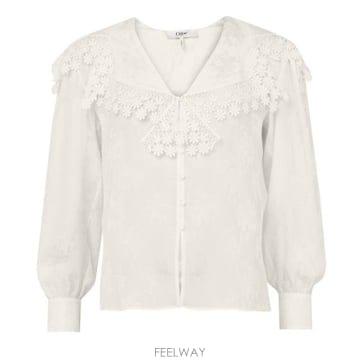 26 FW 끌로에 플라워 레이스 넥라인 트리밍 버튼다운 브이넥 셔츠 에크루