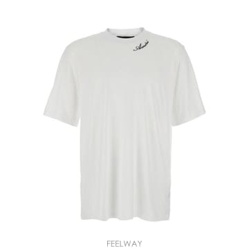 26FW 아미리 화이트 크루 넥 T 셔츠 with 와이드 쇼트 슬리브 앤 로고 레터링 자수 on the 넥 
