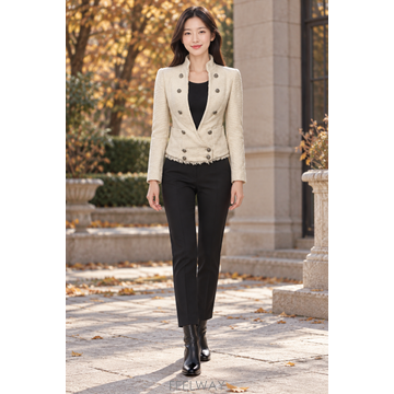 타임 여성 아이보리 더블버튼 프린지 재킷 44~55