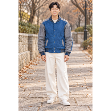 시스템 남성95 블루 그레이 배색 숏 바시티 자켓