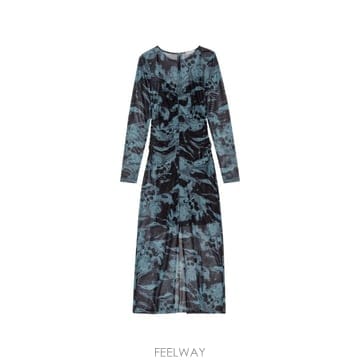 26 FW 가니 블루 프린트 메시 O넥 주름 롱 드레스 T3974 TP456250250