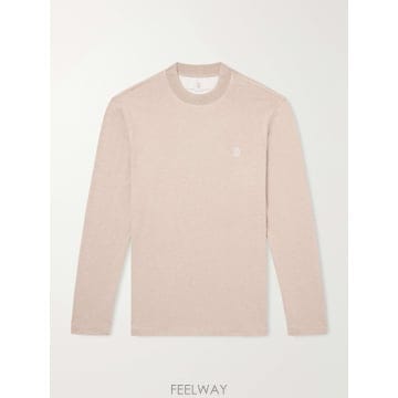 26 FW 브루넬로 쿠치넬리 베이지 로고 자수 코튼 저지 티셔츠 TP582096789
