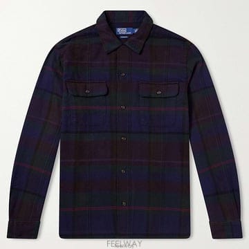 26 FW 폴로 랄프로렌 딥네이비 올리브 체크 투 버튼 플랩 포켓 롱슬리브 코튼 셔츠