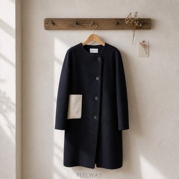 산드로(Sandro) 노칼라 원포켓 배색 울 롱 코트 79-86-160사이즈