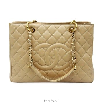 샤넬 Chanel A50995 베이지 캐비어 스킨 금장 체인 그랜드샤핑 숄더백 (17번대)