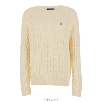 26FW 폴로 랄프로렌 로고 자수 케이블 니트 스웨터 710775885024 White