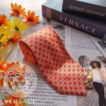 VERSACE 베르사체 실크 살구색 메두사 로고 자수 체크 패턴 넥타이 9.1cm S~A+등급 K3816