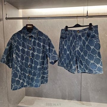 루이비통 퍼렐 모노그램 프린티드 숏슬리브 데님 셔츠 인디고셋업